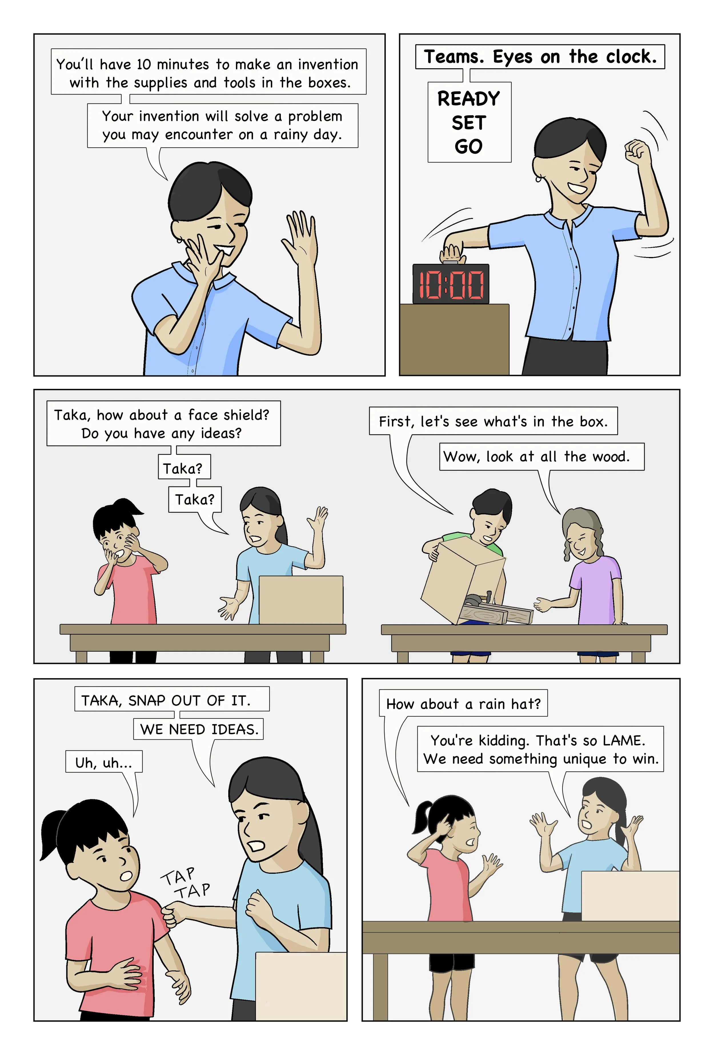 Comic strip of children and a teacher making inventions and discussing ideas for a face shield and rain hat.