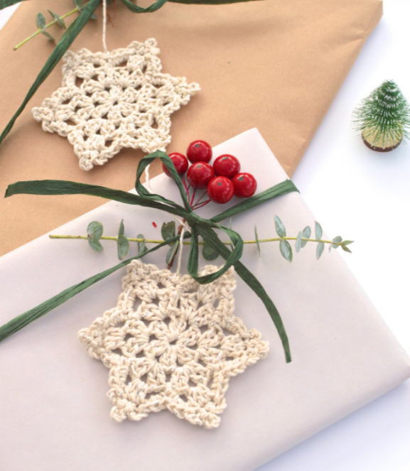 crochet snowflakes as package toppers