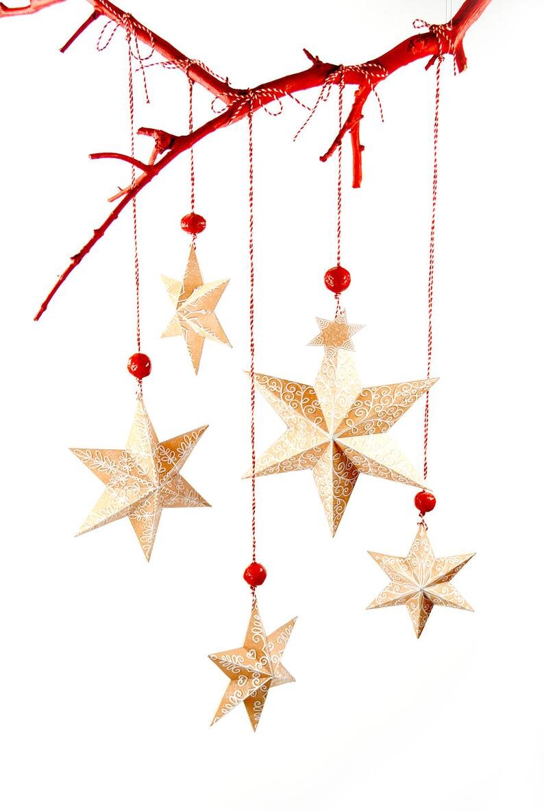 printed and folded paper star ornaments