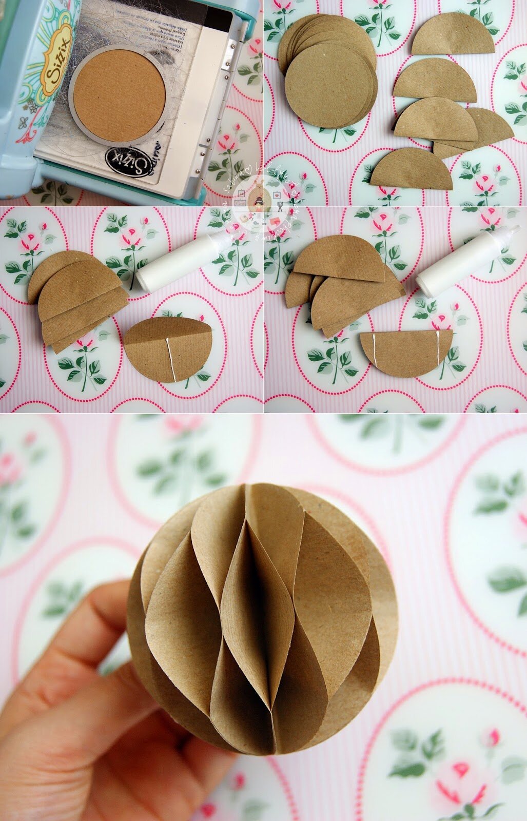 spherical handmaded paper ornament from brown craft paper