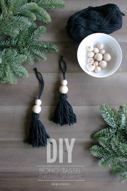 Black tassels with light wooden beads