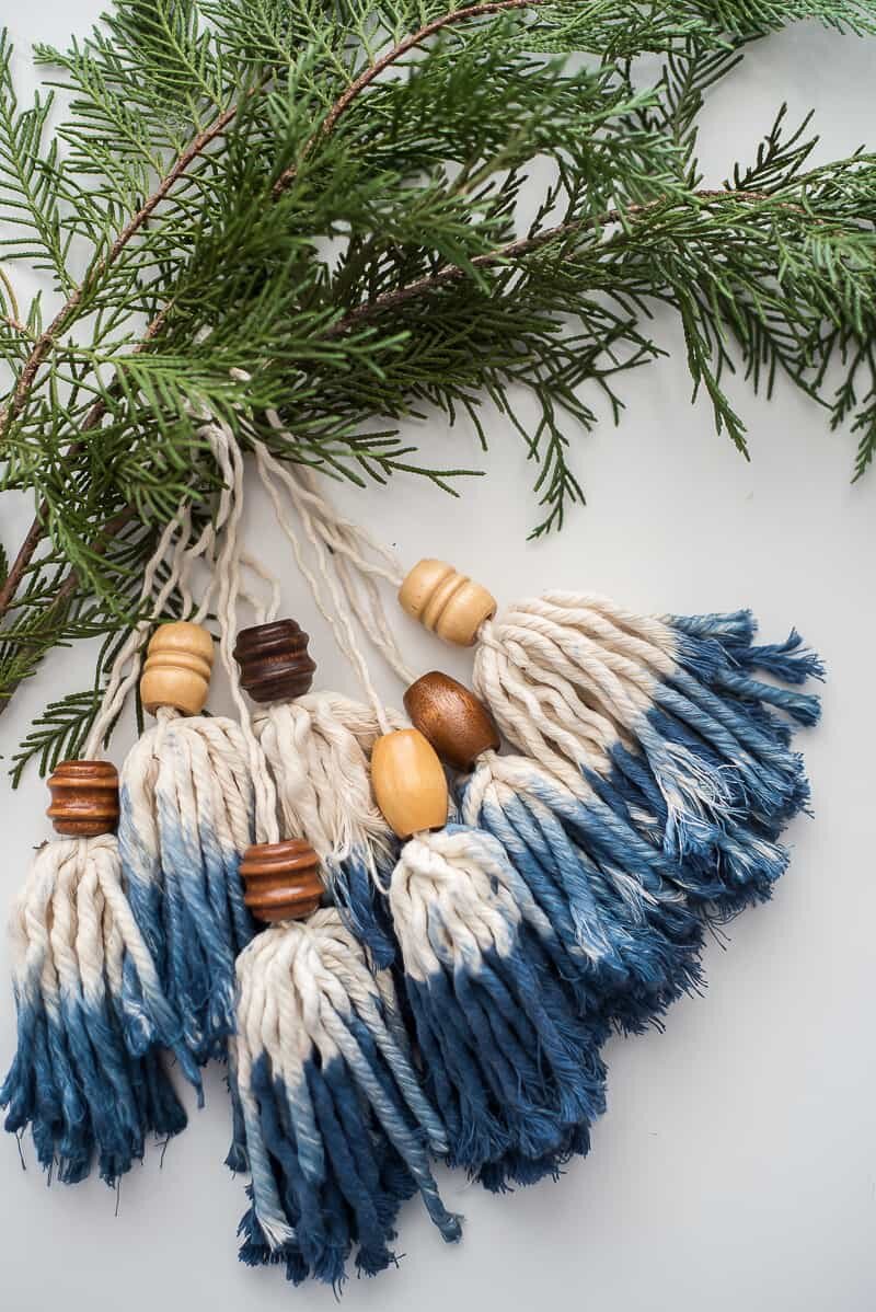 boho tassels made from dip-dyed string and wooden beads