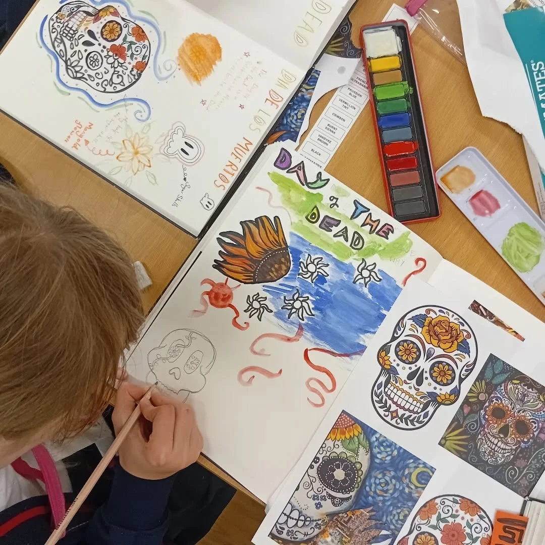 ✨ Year 6 have been diving into the vibrant world of Mexican folk art, drawing inspiration from D&iacute;a de los Muertos (Day of the Dead)! Today, our sketchbooks are bursting with colour, creativity and thoughtful reflection as pupils explore tradit
