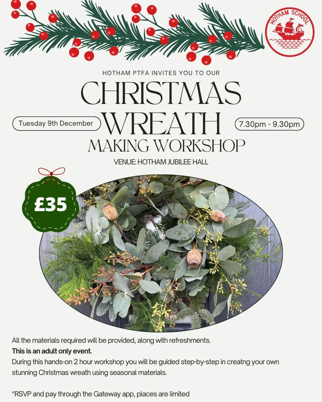 Last few places remaining... 
Join us on Tuesday 9th December at 7:30pm in The Jubilee Hall for a wonderfully festive evening of crafting and chatting! Whether you're a wreath-making pro or have never picked up a pair of secateurs before, this is the