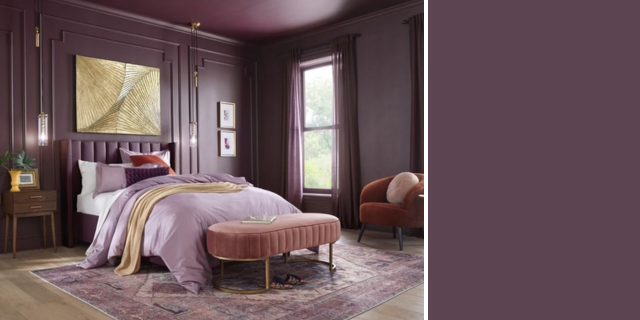 Glidden paint color Purple Basil swatch and bedroom interior