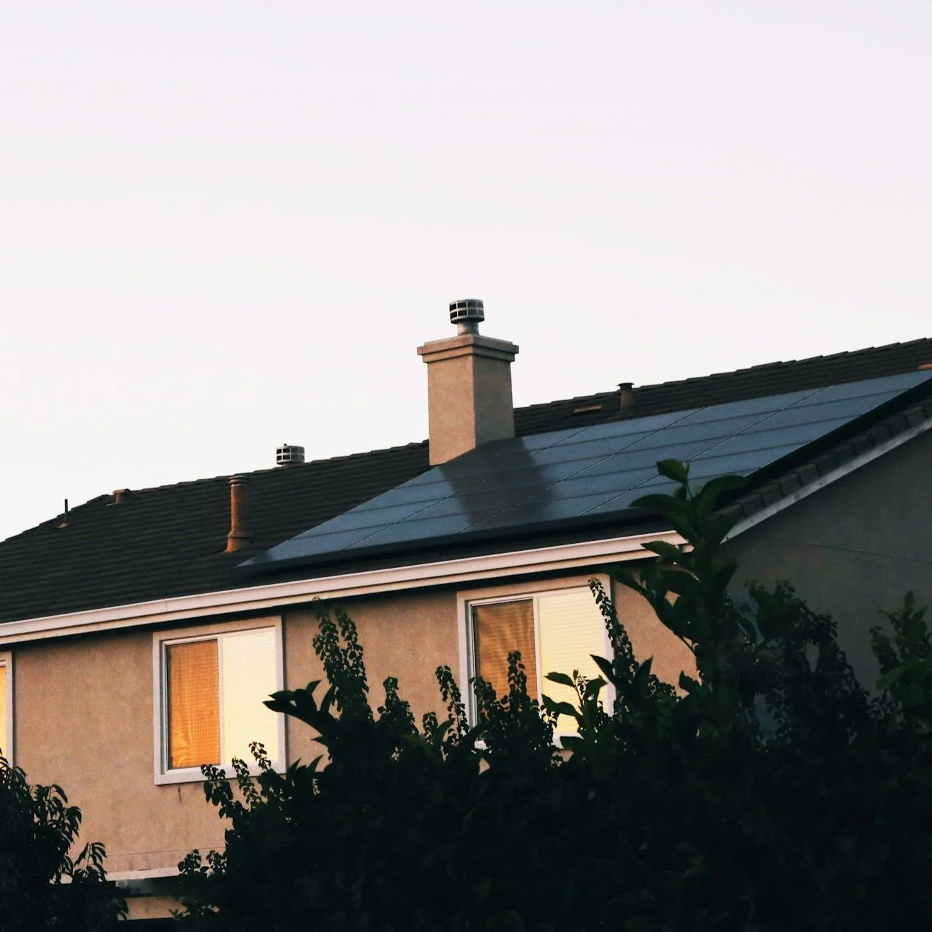 A house with solar panels installed on the roof, two windows with curtains, and a bush partially obscuring the view, under a clear sky.