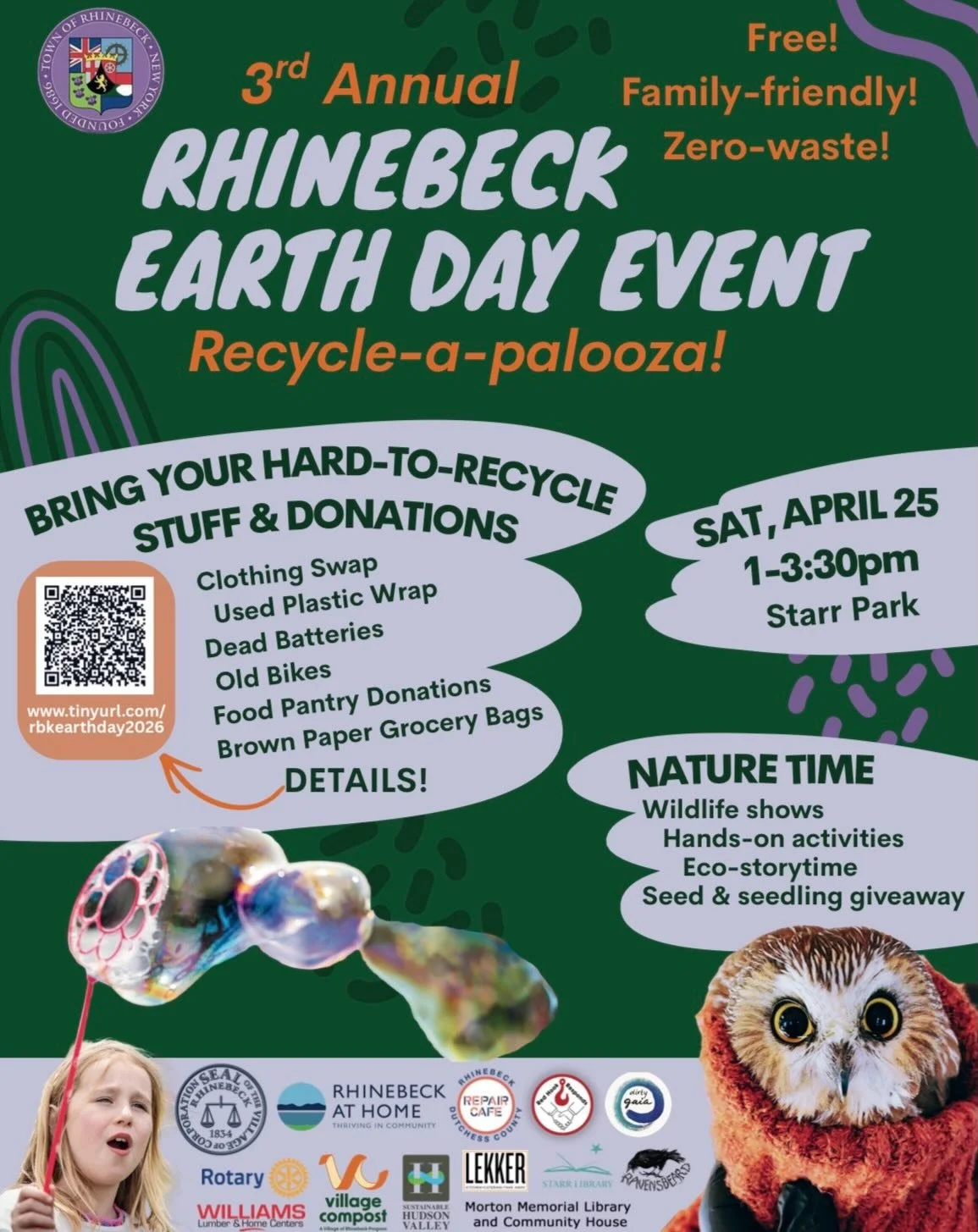 Announcing the 3rd Annual Rhinebeck Earth Day event! Bring your recycle-palooza stuff on April 25: clothing swap, plastic bags and wrap, dead batteries, old bikes, paper grocery bags &mdash; details on the flyer. We will also have wildlife shows, han