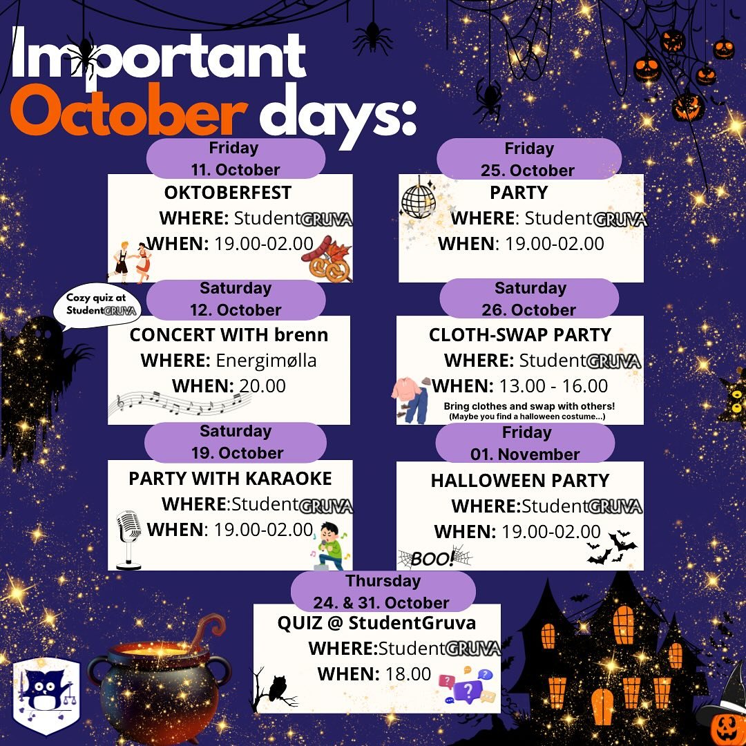 Important days in October✨👀🎃
AND don&rsquo;t forget:
🎭RPG-every monday at Gruva
🎲GAMENIGHTS-every wednesday at Gruva
☕️Cultural Caf&eacute;-every wednesday at Haspa
🦉QUIZ-every thursday at Energim&oslash;lla (be aware of changed location and dat