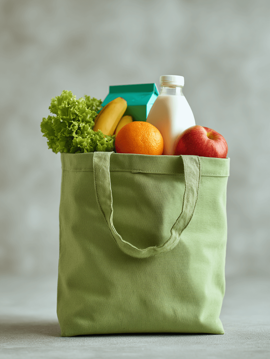 A photo of a grocery tote bag filled with produce and beverages.