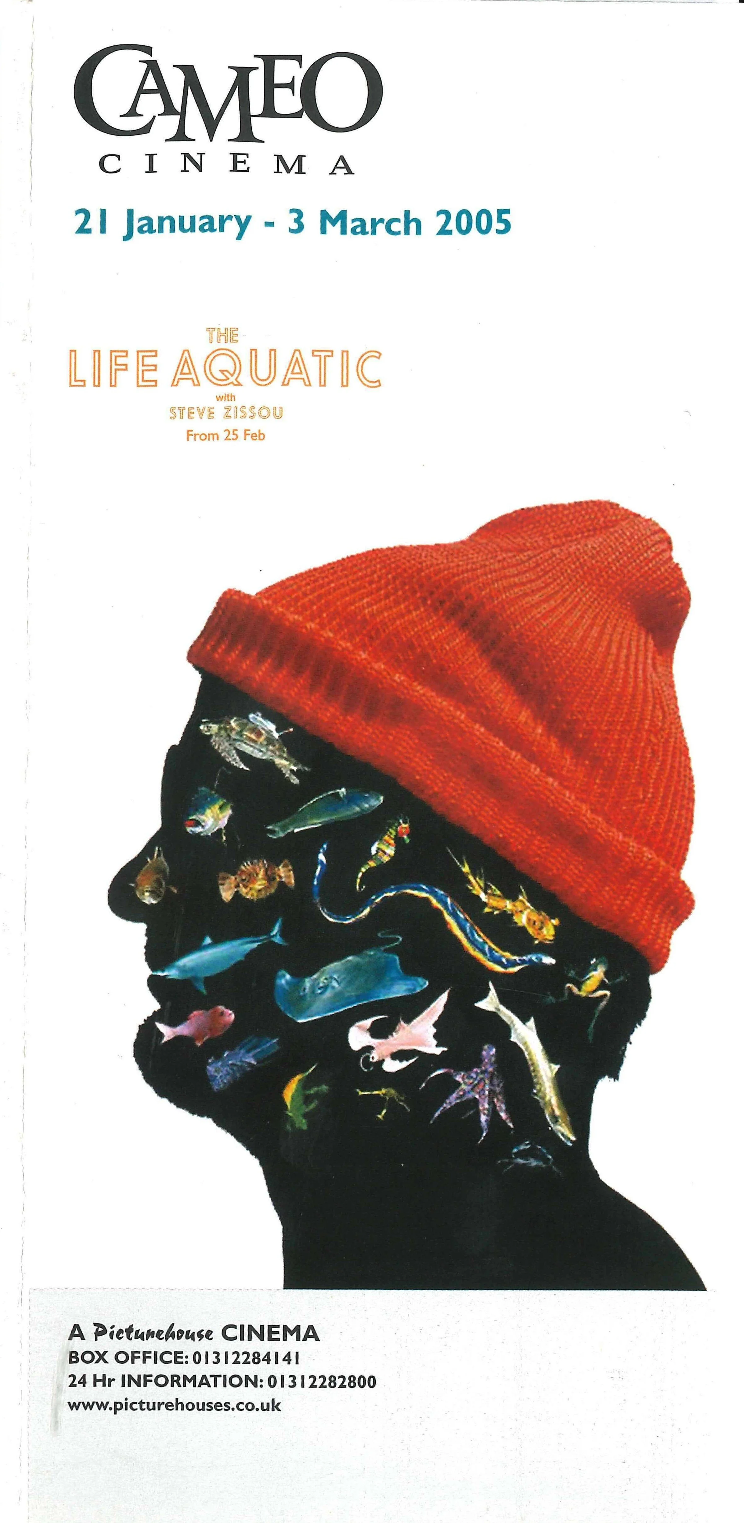 Cameo Cinema flyer featuring a silhouette of a person's head wearing a red beanie, filled with colorful fish and sea creatures.