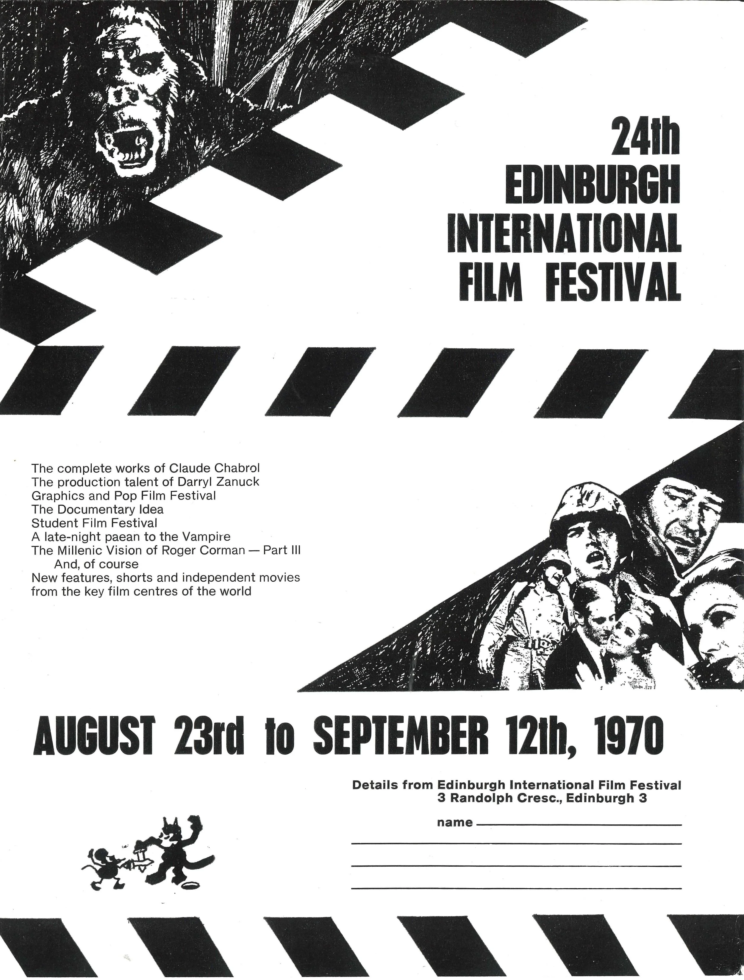 Black and white poster for the 24th Edinburgh International Film Festival, held from August 23rd to September 12th, 1970. The poster features illustrations of a gorilla, people in a panic, and a dancing cat. Text includes details about the festival's