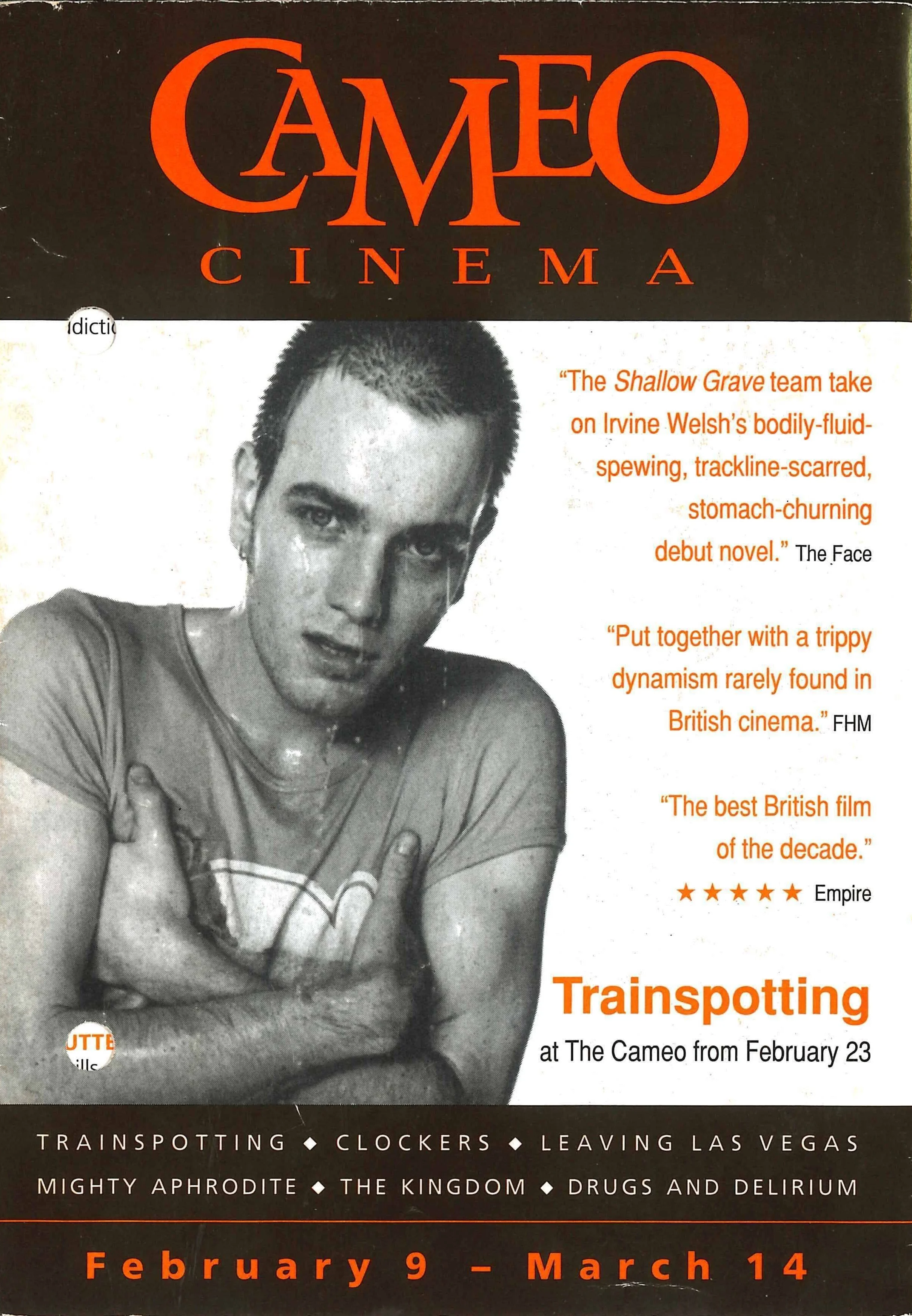 Black and white photograph of a woman with short hair, wearing a t-shirt, crossing her arms and looking into the camera. The top of the image features the logo for Cameo Cinema in large, red letters. To the right of the woman, there are several quote
