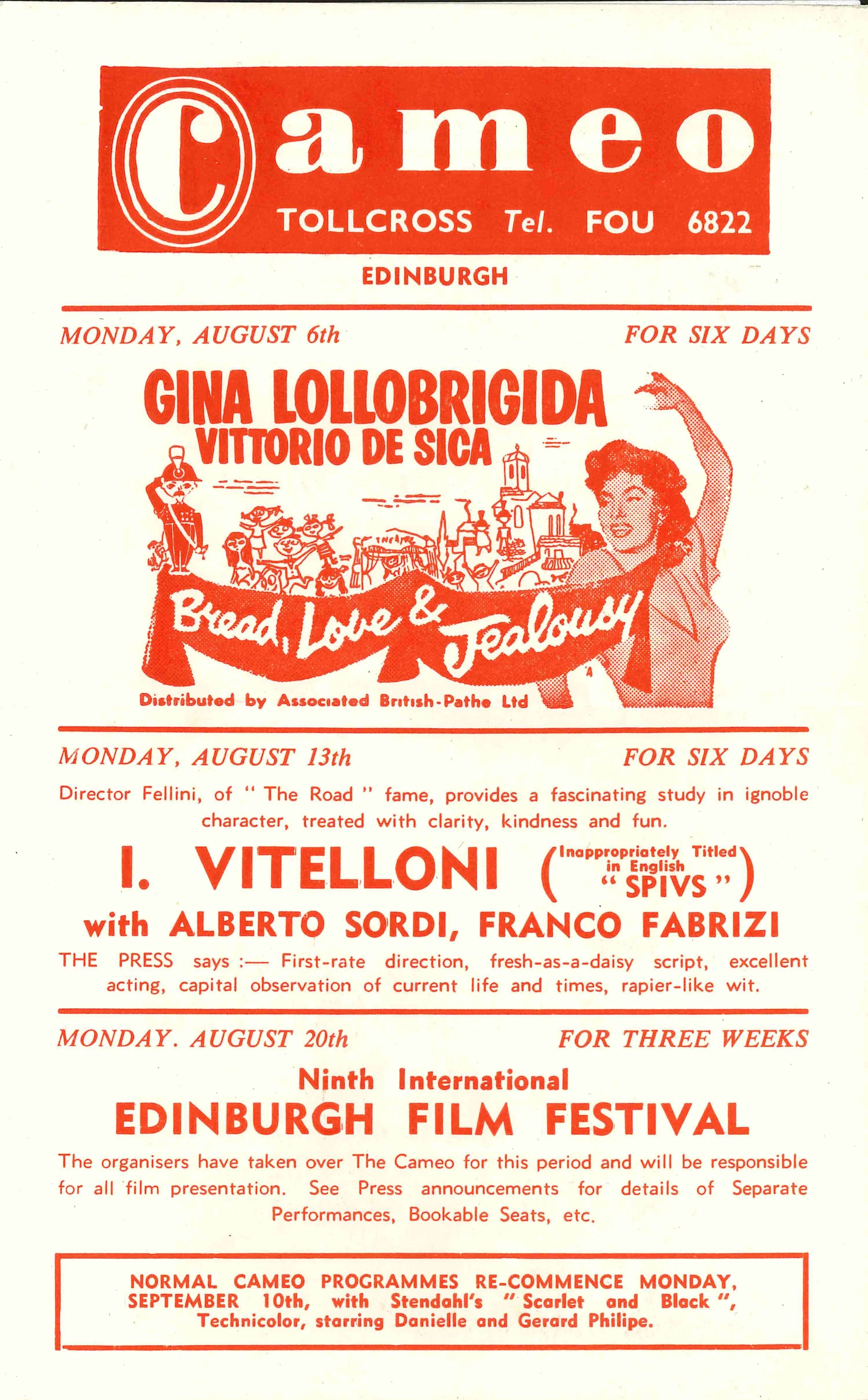 Vintage poster advertising performances in Edinburgh, including a show by Gina Lollobrigida and a film festival, with various dates and details.