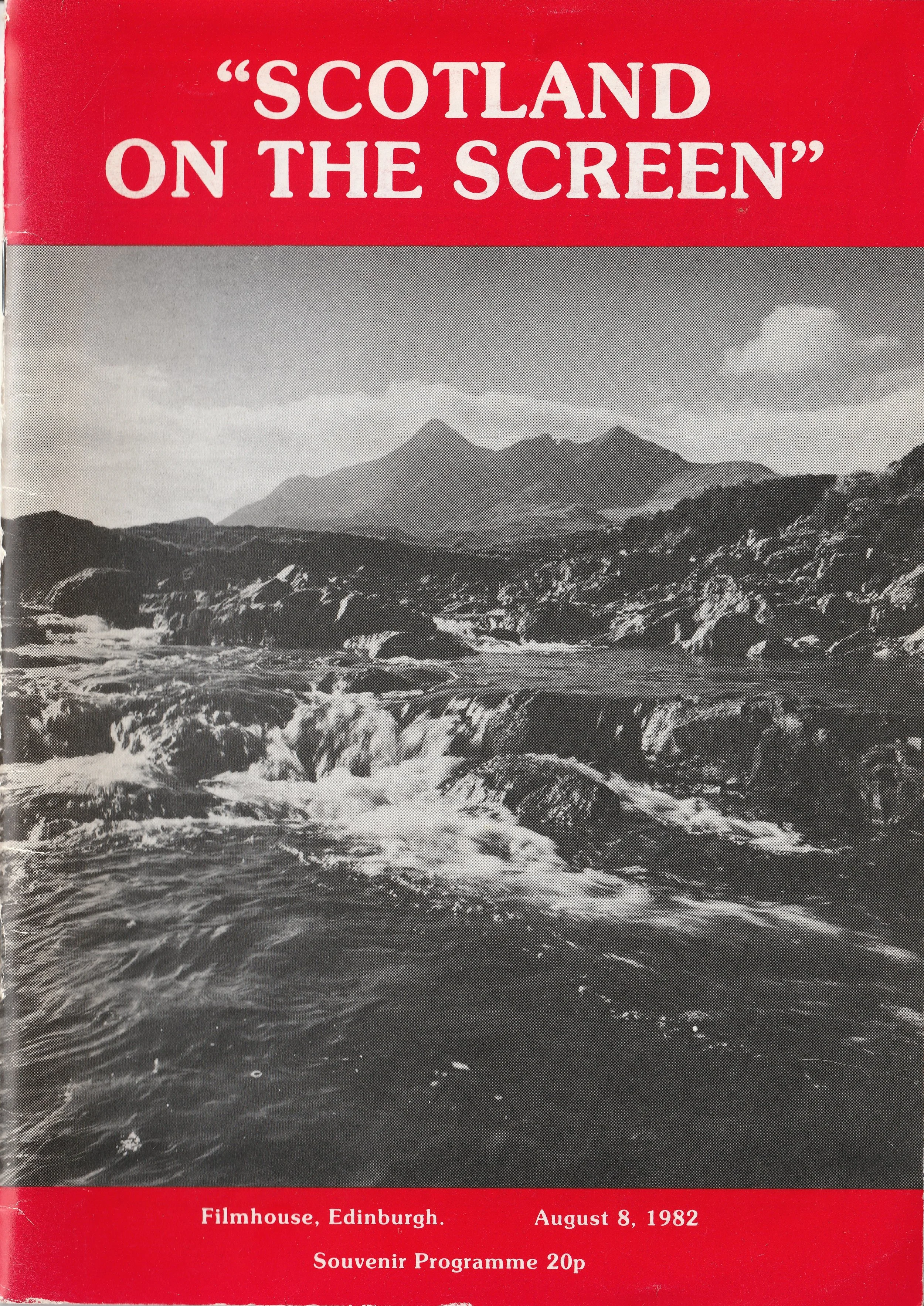 A black-and-white photograph of a mountainous landscape with a river flowing over rocks in the foreground, and mountains in the background. The top part of the image has a red banner with white text that reads 'Scotland on the Screen'. The bottom red