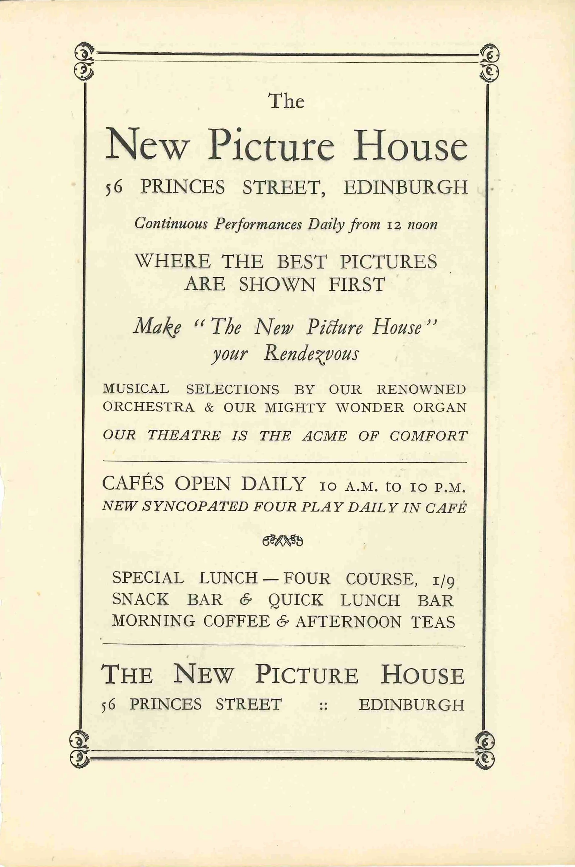 Vintage advertisement for The New Picture House in Edinburgh, featuring showtimes, musical performances, café hours, and lunch options.