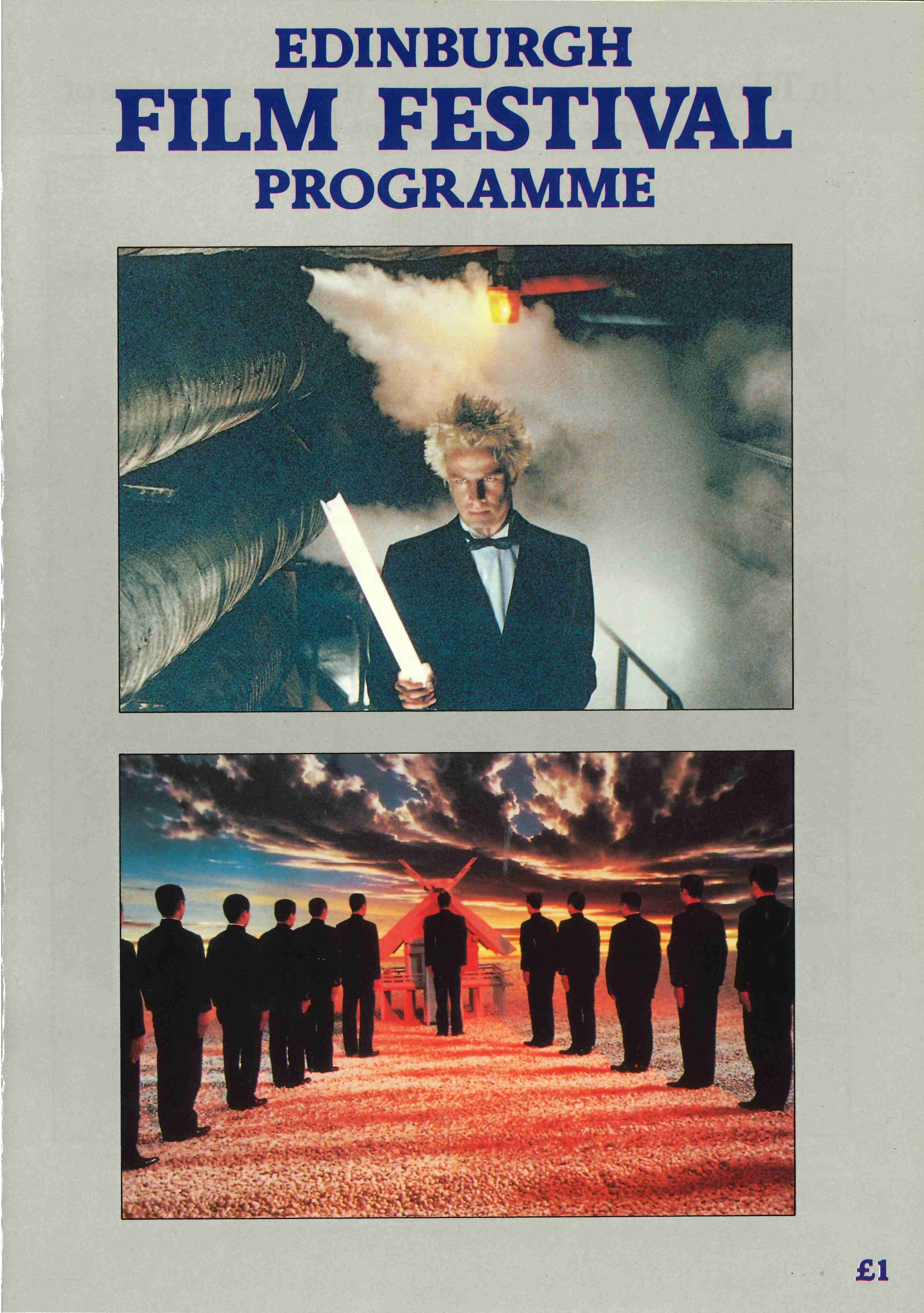 Cover of a program for the Edinburgh Film Festival featuring two images: the top shows a person with fluffy blonde hair holding a glow stick in front of a cloud of smoke behind a building, and the bottom shows six men in tuxedos looking at an airplan