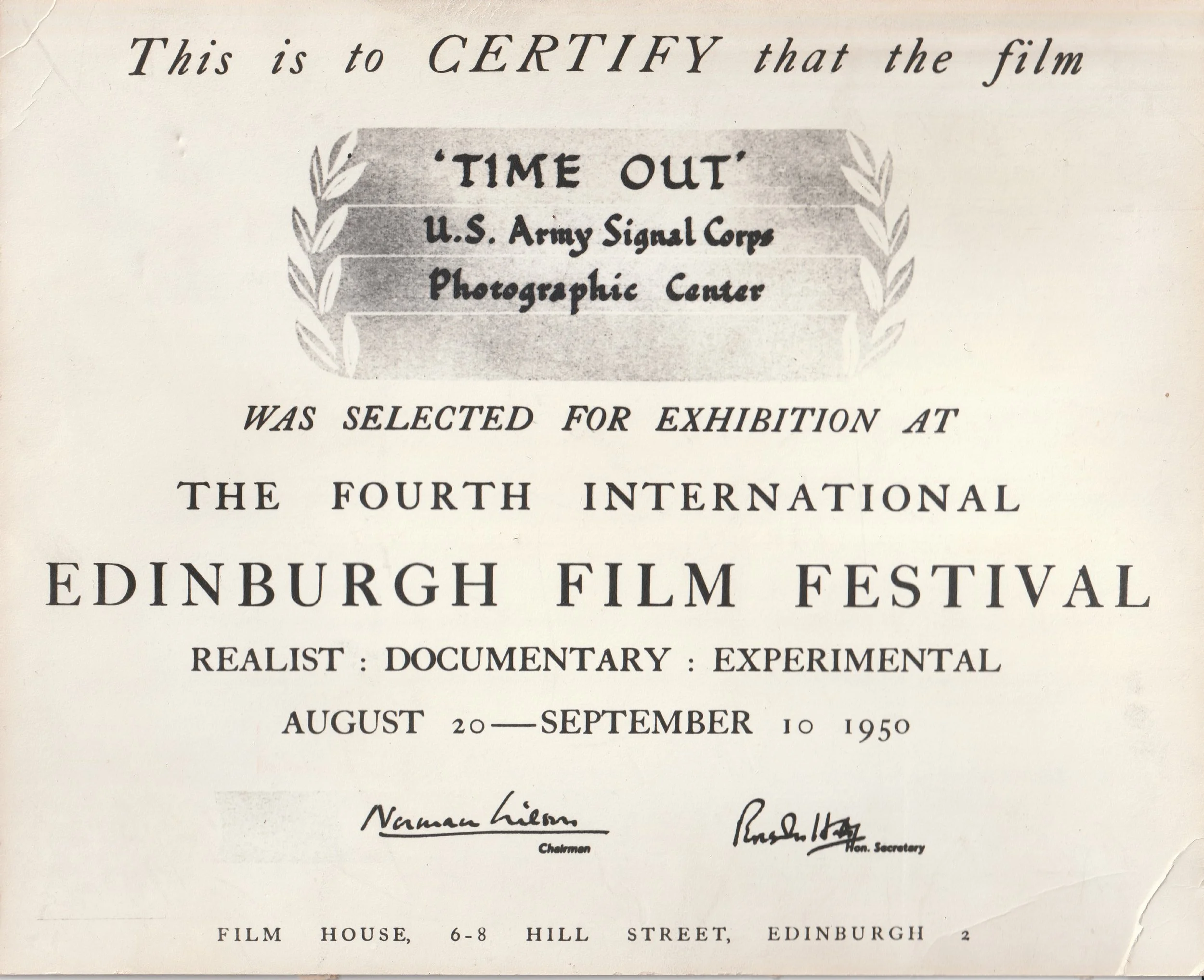 A vintage certificate from the Edinburgh Film Festival, awarded to the U.S. Army Signal Corps for the documentary 'Time Out' in 1950, signed by officials.