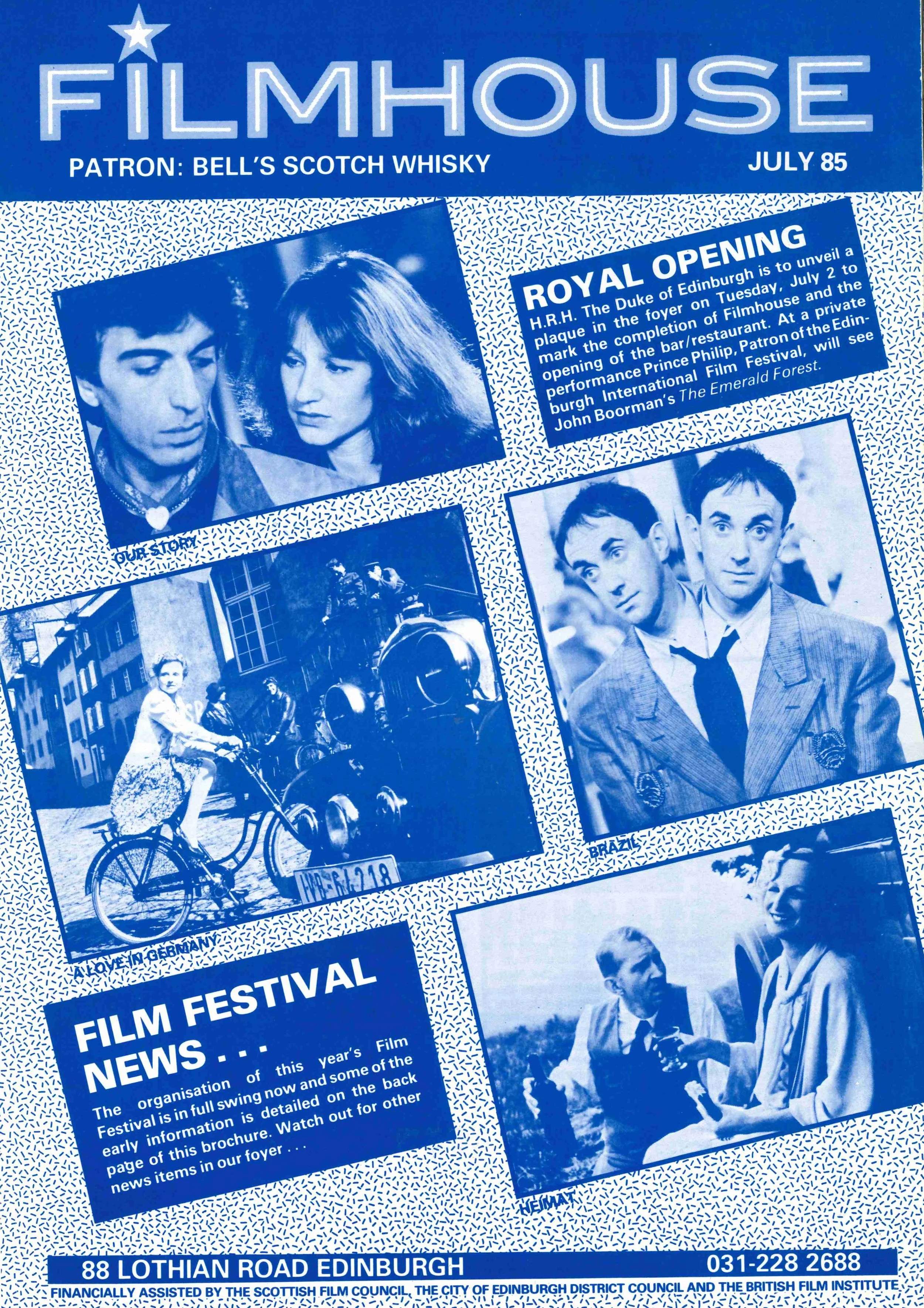 A blue promotional poster for a film festival in Edinburgh from July 1985. It features photos of actors, Japanese characters, a cyclist, and a man in uniform, along with informational text about the festival and its sponsors.