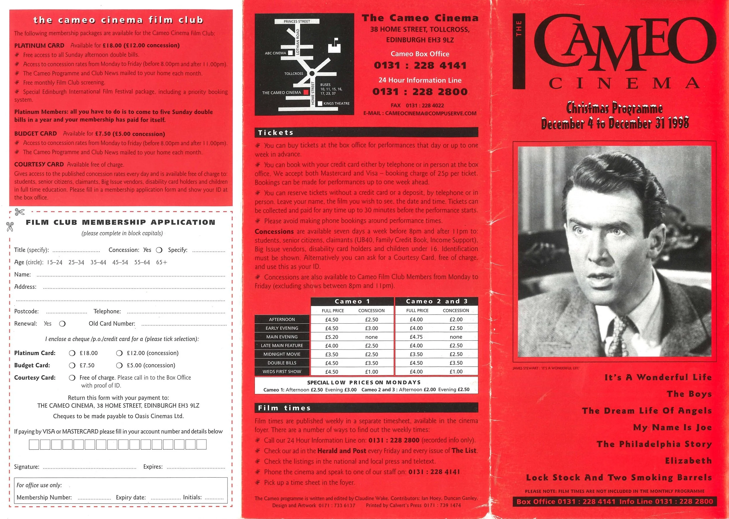 The image shows a red leaflet containing information about The Cameo Cinema, including ticket prices, membership options, film times, and contact details. There is also a black and white photograph of a man with a surprised expression and short, wavy