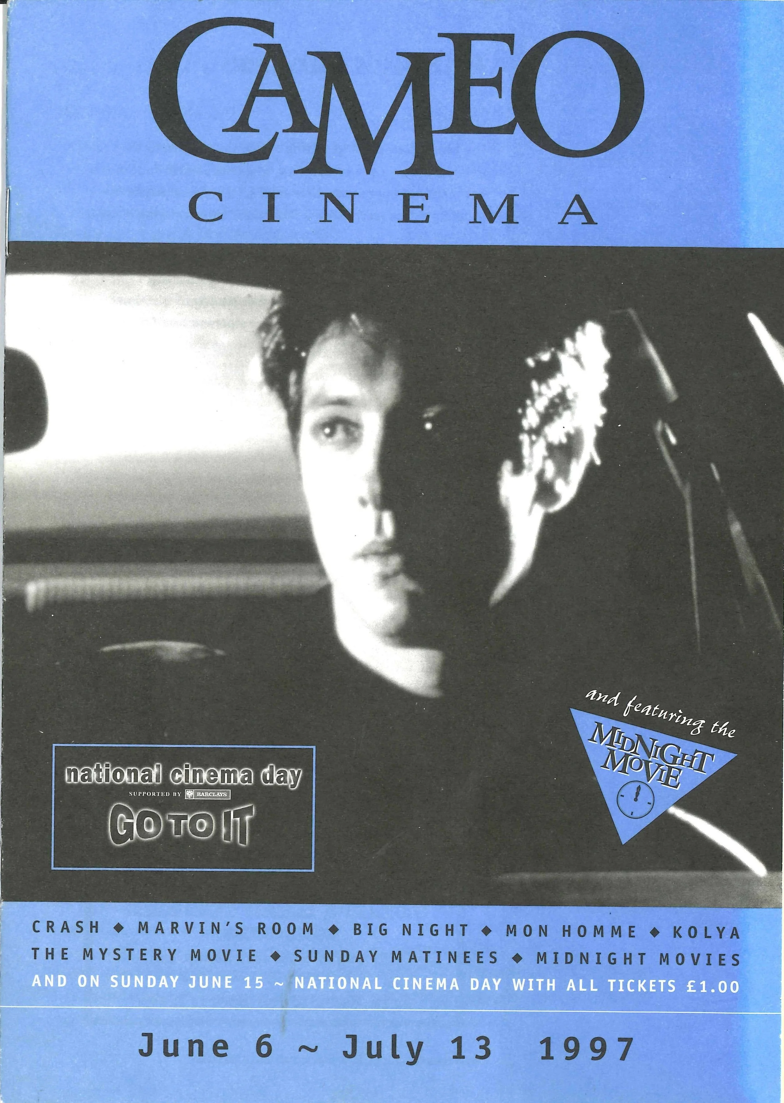 A promotional poster for a series of midnight movies and other events at a cinema, featuring a black and white image of a person's face in a car, with text about National Cinema Day on June 15 and movie screenings from June 6 to July 13, 1997.