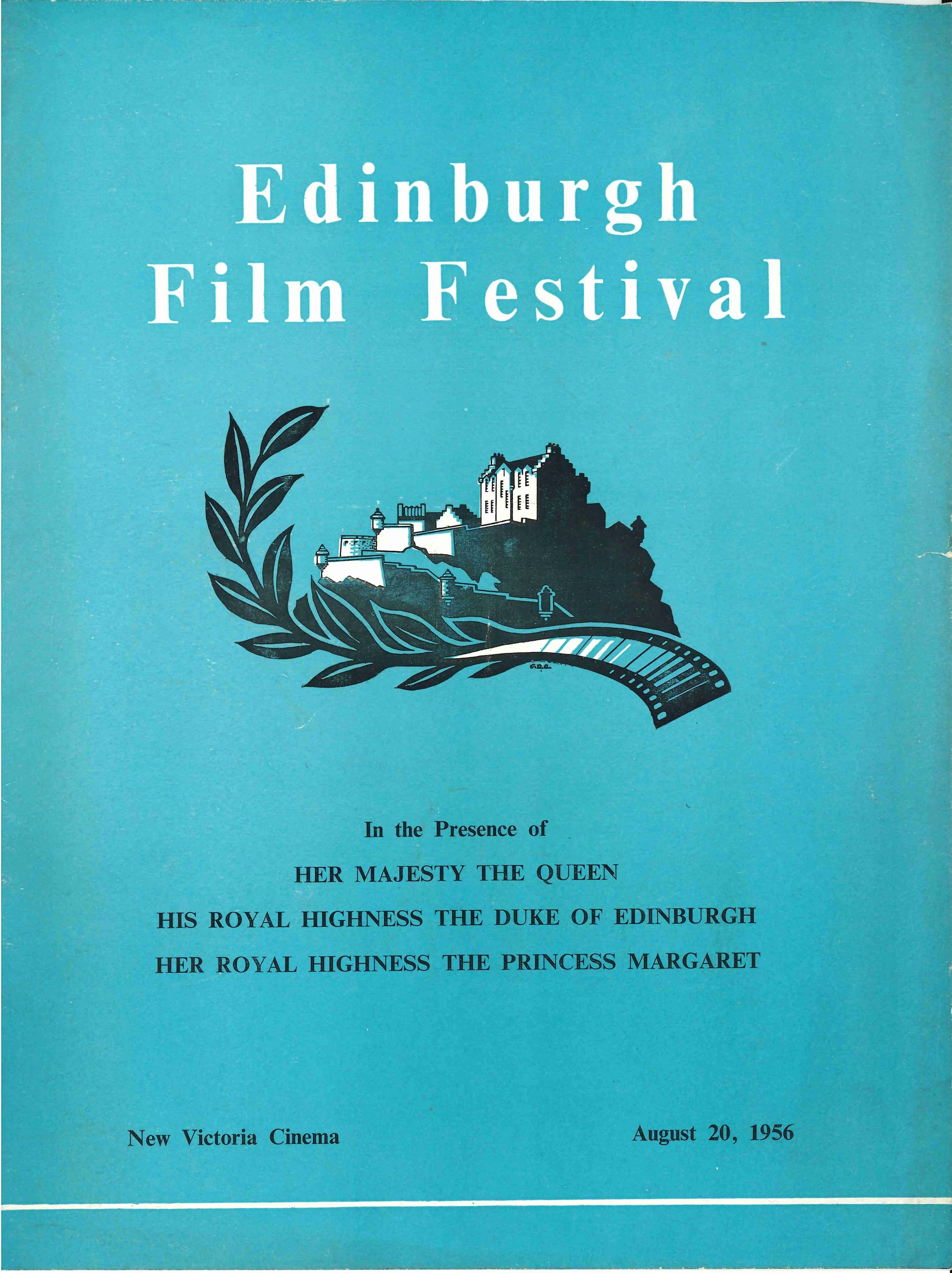 A program cover for the Edinburgh Film Festival dated August 20, 1956, with a blue background, featuring an illustration of a castle on a hill and a train track, topped with a laurel branch.