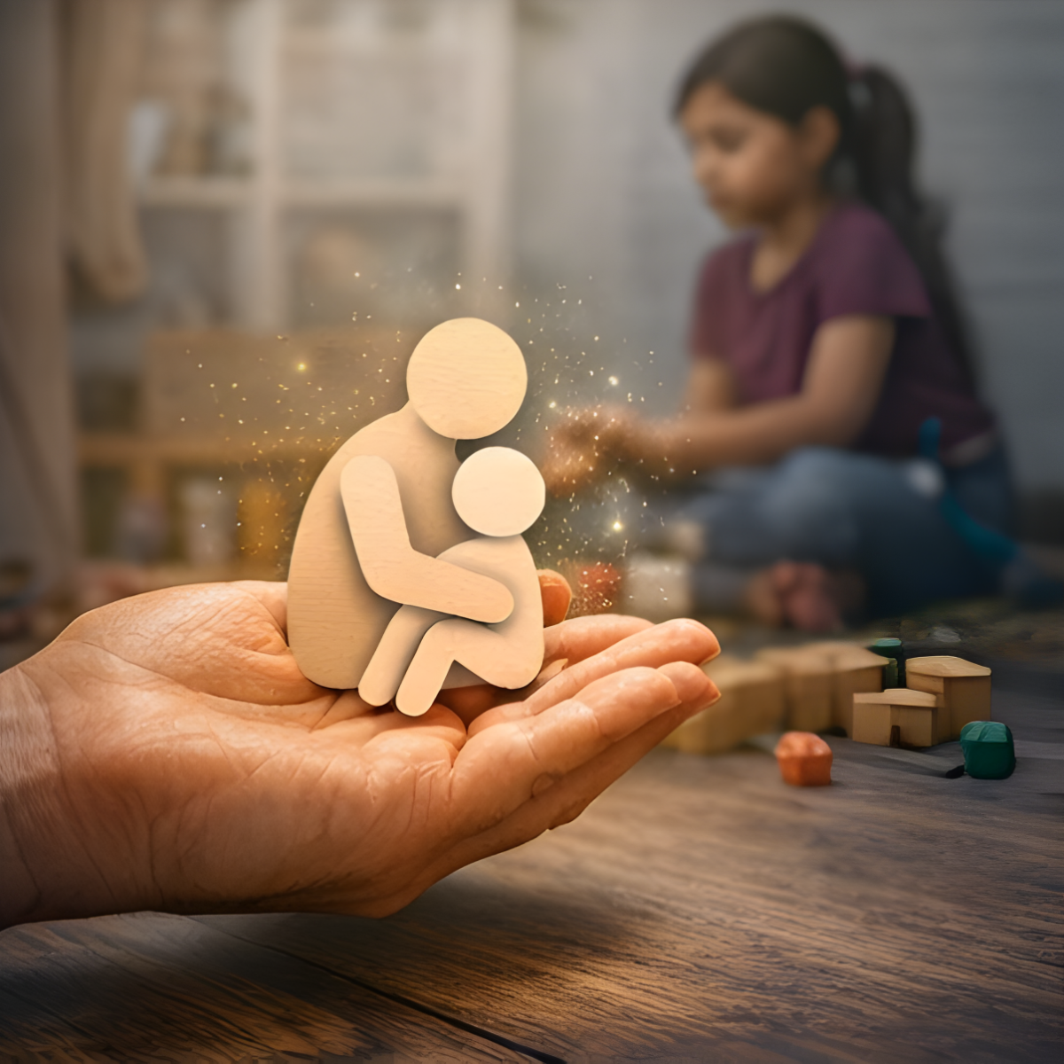 Hand holding wooden figures with a child playing in the background.