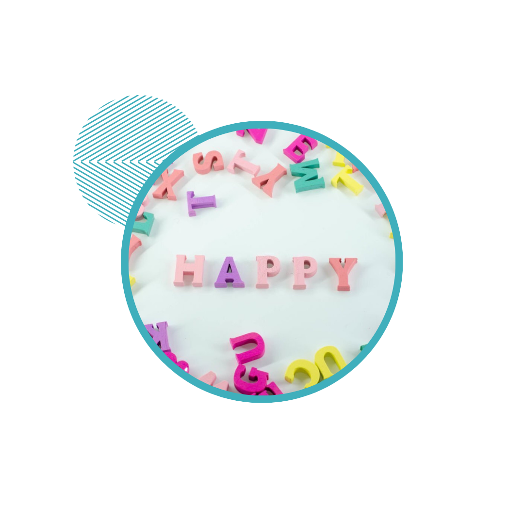 Colorful letters spelling "HAPPY" surrounded by scattered letters, inside a circle with a striped design beside it.