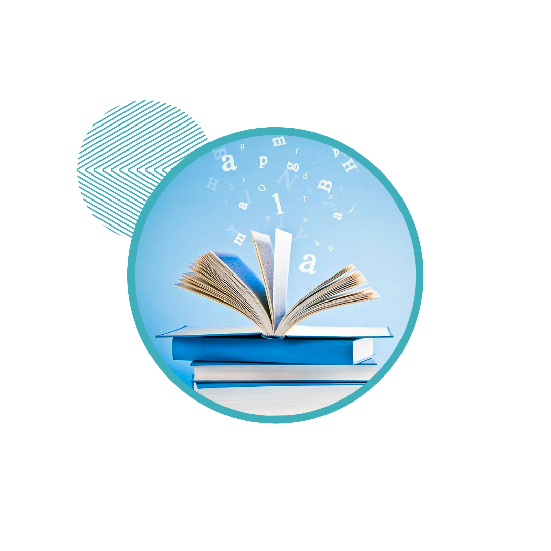 Open book on closed books with letters floating above, set in a blue circle border with striped design.
