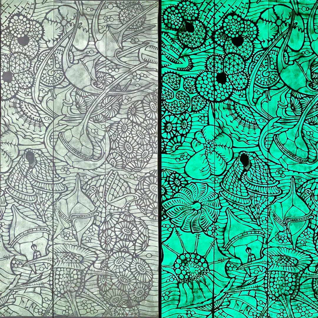  Eveline Kolijn   Calgary, AB   Dinoflagellate Gavotte  (detail), 2023  linoprint on plankton collecting mesh, phosphorescent pigment, stitched on black arches rag paper  