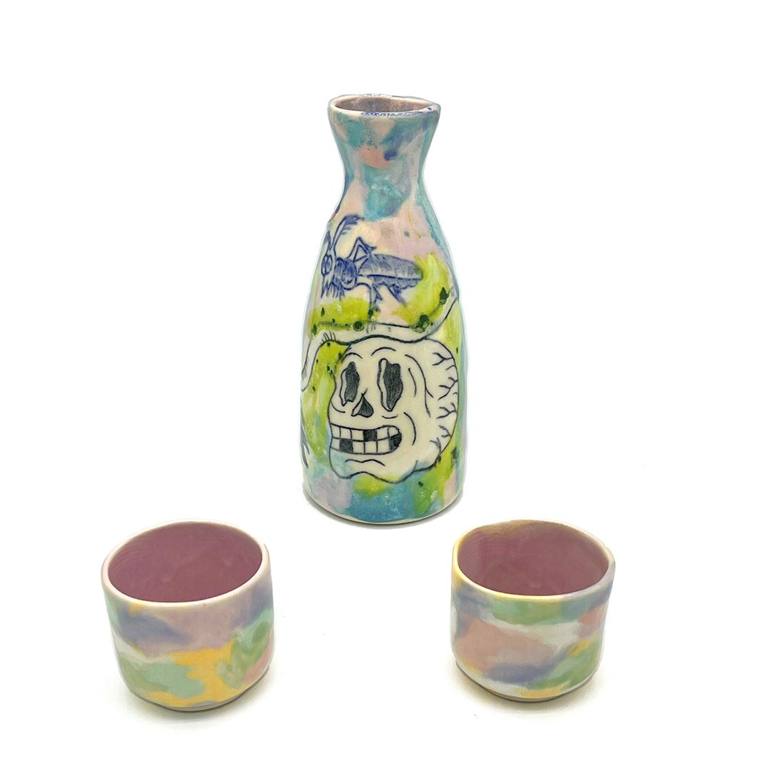  Chris Savage &amp;  Mao Kun Chen  Calgary, AB   Skull Flower Sake Set , 2022  cast stoneware, underglaze pencil, glaze  