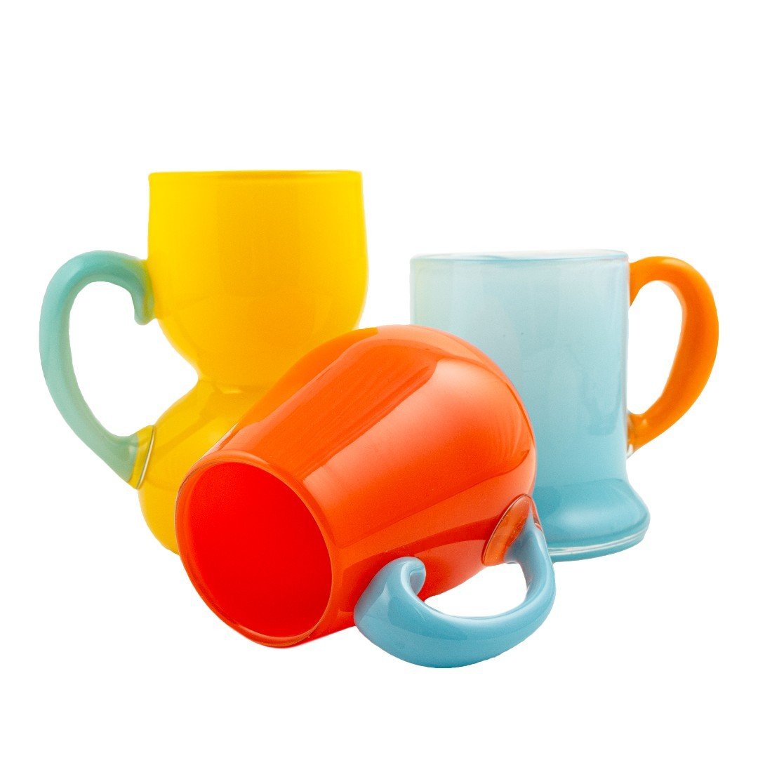 Our Edmonton Shop has got a restock of the previously sold-out beer &amp; cocktail mugs. These two-tone, blown glass mugs are perfect for adding candy-coloured flair to your favourite beverage. The colour and shape of each mug is unique. 

Check out 