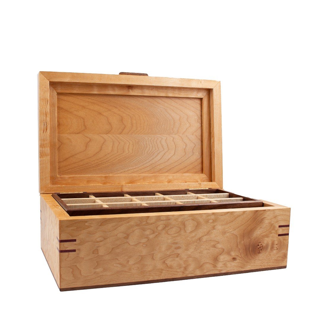 New work by Robert Jakobsen available in our Edmonton Gallery + Shop and online:

Jewelry Box $410
This simple yet elegant jewelry box features handsome Eastern Maple, Walnut and Purpleheart appointments. An interior depth of 8cm and a removable divi
