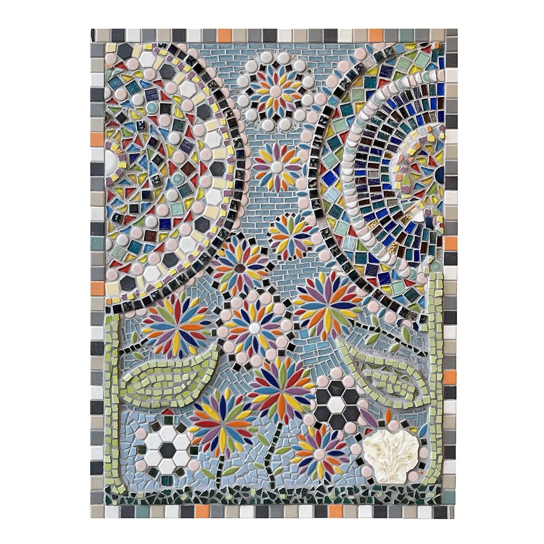   Gerald Bourlon   Flowers I , 2024 ceramic and glass tile mosaic on plywood 