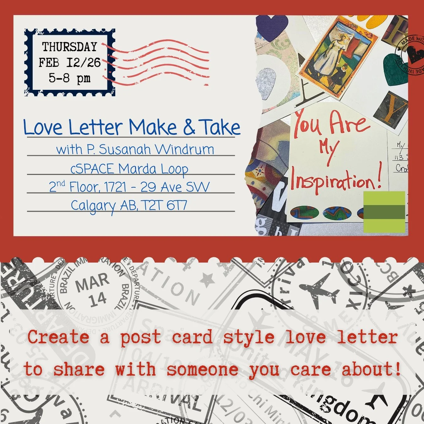 💌 Love Letter Make &amp; Take 
Alberta Craft Calgary - FEB 12, 2026, 5 - 8pm

Create a Love Letters at the Alberta Craft Gallery as part of the cSPACE Studio Showcase Series Love Letters. Susanah Windrum will teach us how to create a post-card style