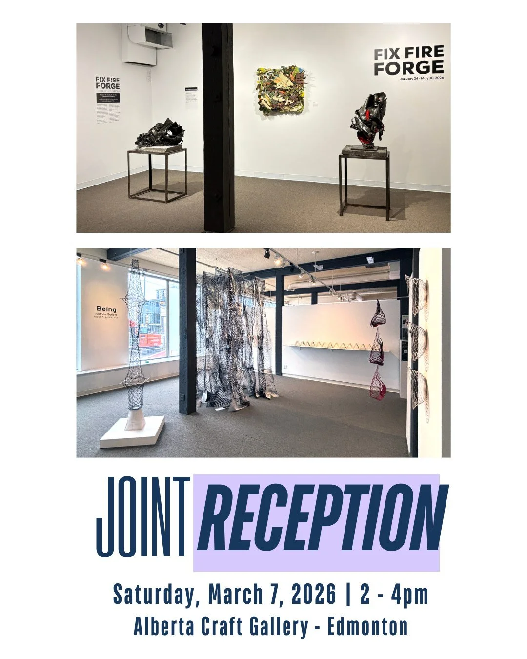Two exhibitions, one afternoon of conversation, craft, and community.

Join Alberta Craft Edmonton for a joint reception this Saturday, from 2&ndash;4 PM, celebrating two exhibitions:

FIX, FIRE, FORGE (Feature Gallery) brings together the art techni