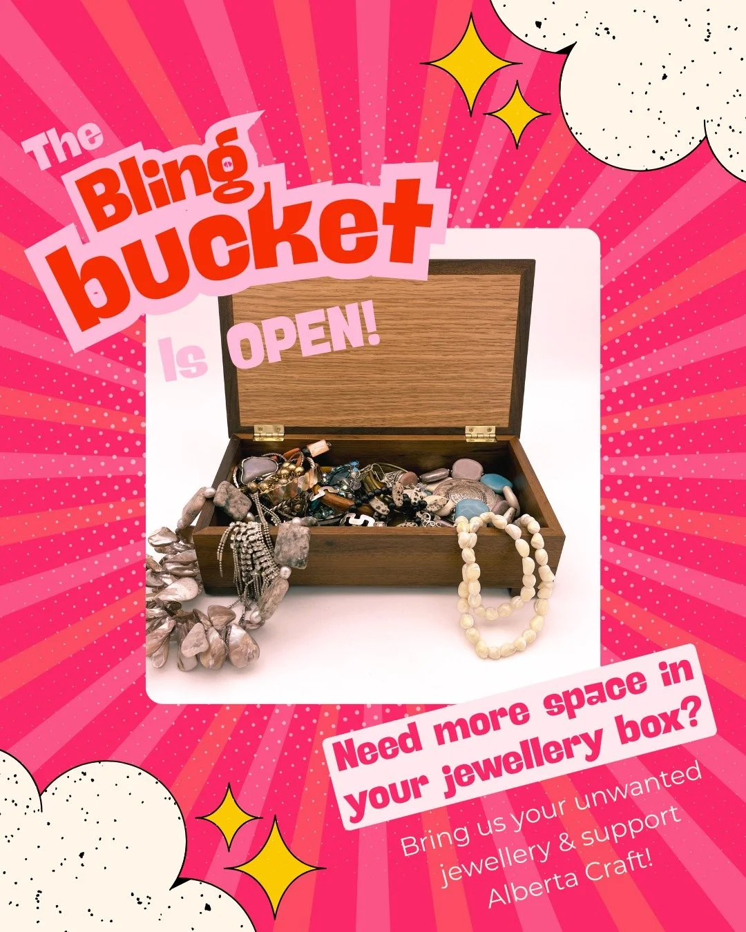 Is your jewellery box bursting at the seams? Make room for new treasures by donating your old favourites to Alberta Craft Calgary's Bling Bucket! 

Every piece is carefully sorted by a professional goldsmith and could be featured in future exhibition