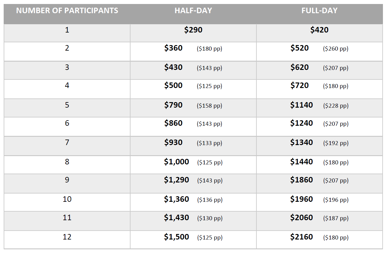 Joshua Tree Guide Rates & Pricing chart