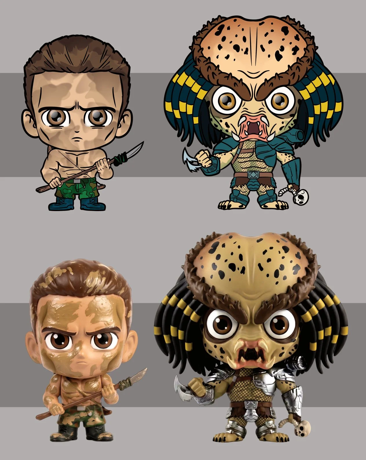 AI rendering of collectible toys based off of personal art Inspired by characters from Predator.