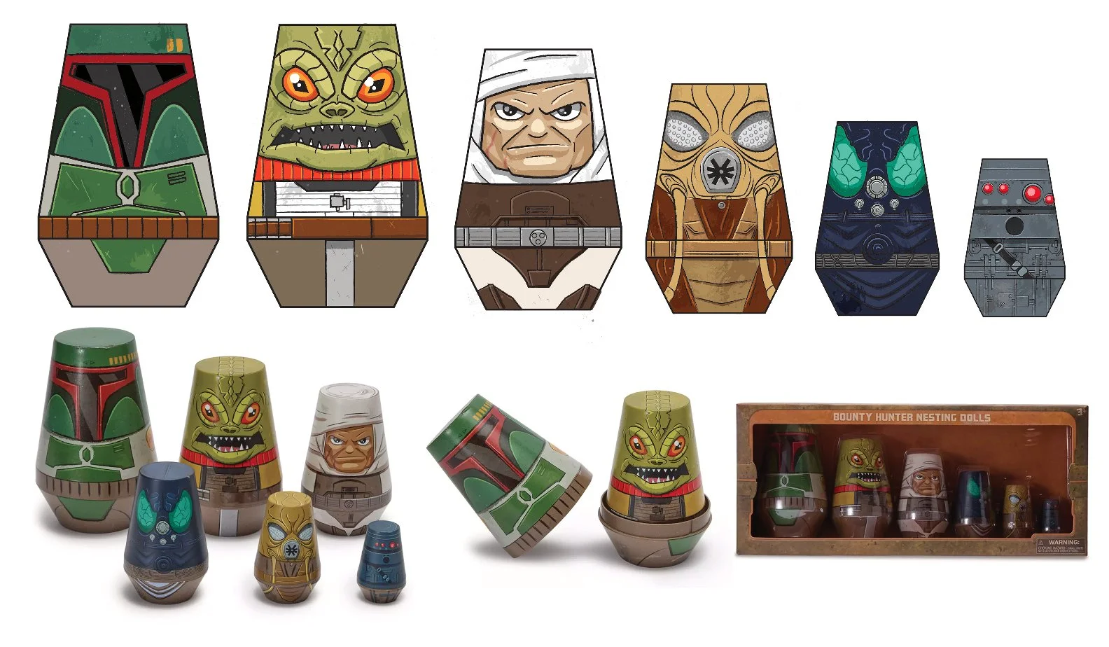 Client: Lucasfilm/Disney
Toyline: Collectibles
Job: Designed collectible nesting dolls based on bounty hunter characters from the original Star Wars trilogy.
