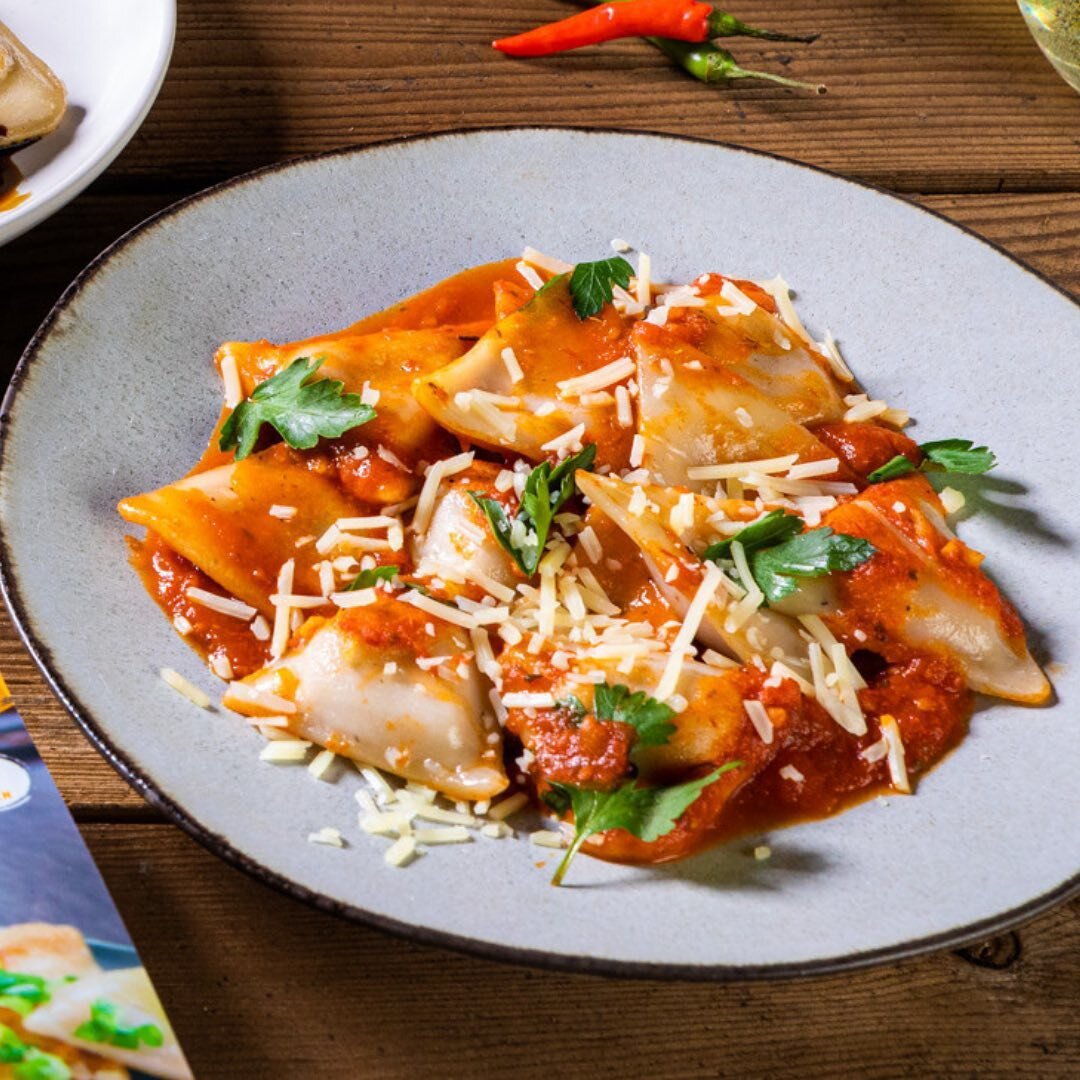 What happens if you take a Perogies and make it smaller and maybe
shape it as a square or a triangle? Well, you get a ravioli! That is actually
the story behind this recipe. We thought it would be fun to reshape our
Sweet Potato Perogies aaaand 🧙&zw
