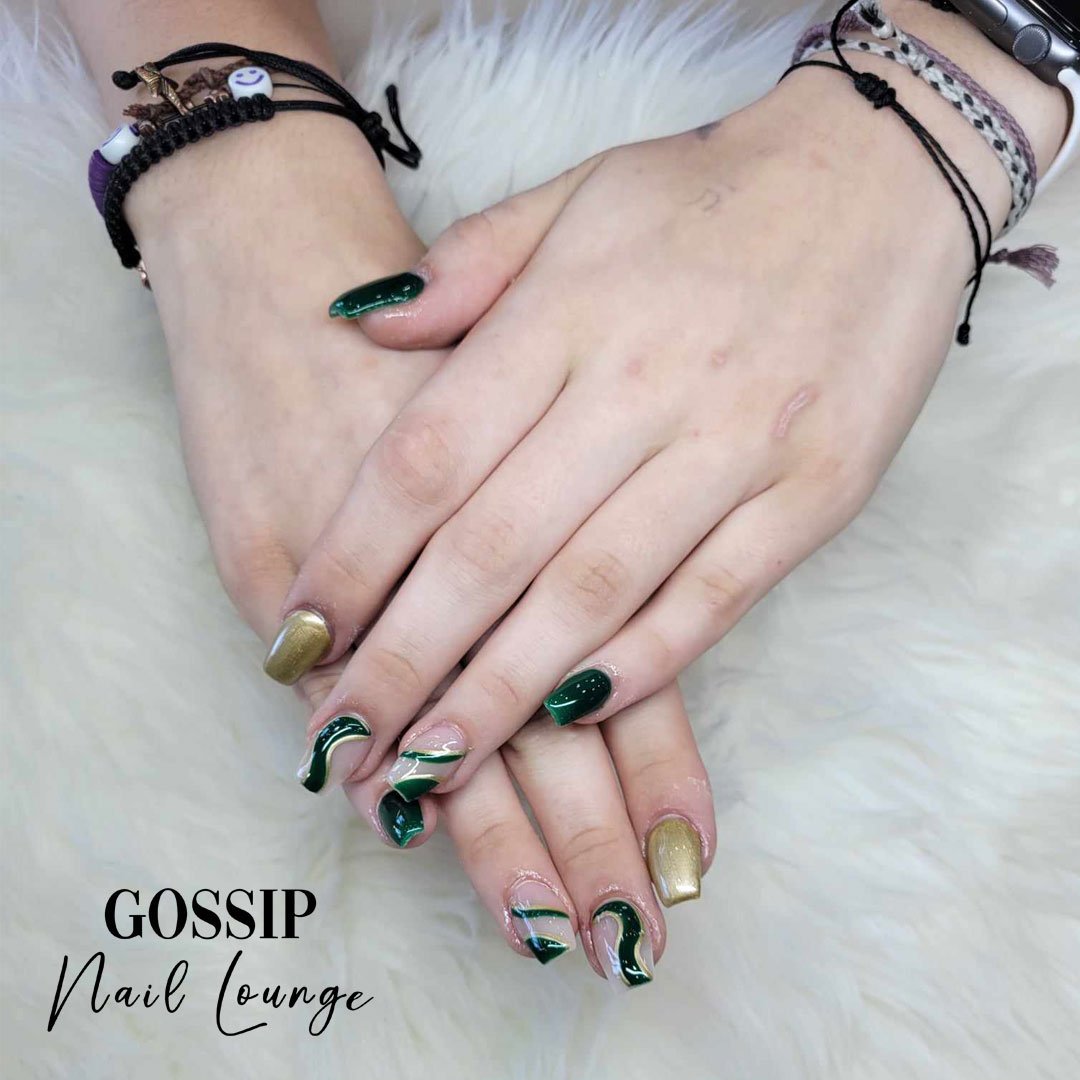 Your nails look fantastic! They are a true work of art and a testament to your excellent taste. You should be proud to show them off to everyone you meet.#gossipnaillounge #leessummit #goldnails #greennails #freestyle