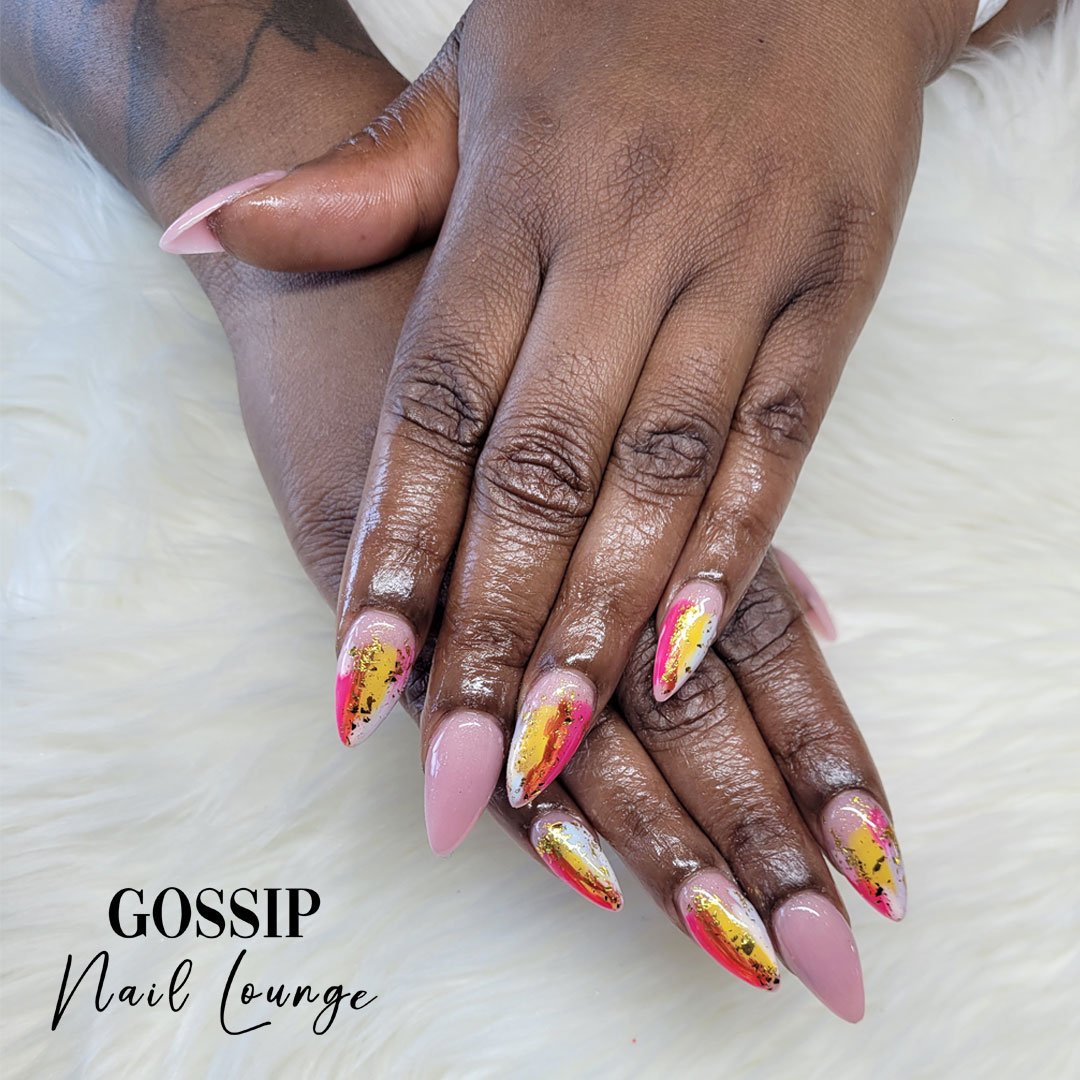 Elevate your style with stunning, vibrant nails adorned with gold flakes. Let your nails serve as a canvas for something wonderful and watch heads turn in admiration. #nails #gold #designnails #colornails #leessummit #gossipnaillounge