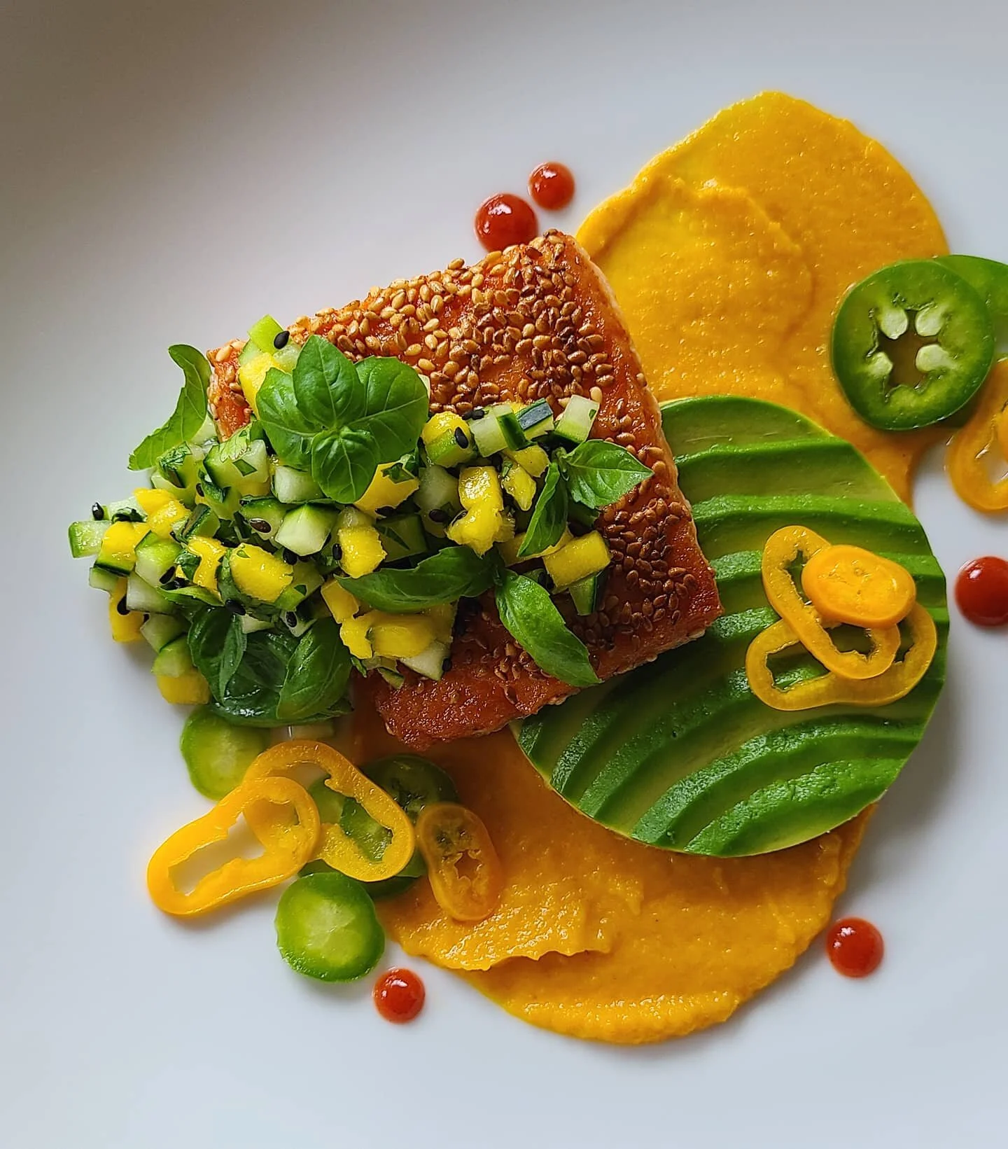 seame crusted salmon with ginger carrot puree avocado cucumber mango salsa.jpg