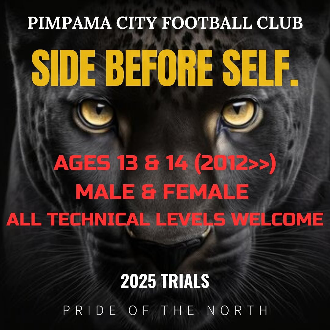 💪 2025 TRIALS ⚪️🟡⚽️

~ Calling ALL junior superstars aged 13 &amp; 14, from beginners to the next CR7s. 

~ Location: Pimpama River Parklands

~ Dates &amp; Times are as follows::::

Saturday 02/11/24
- 9am Under 13s &amp; 14s

Saturday 09/11/24
- 