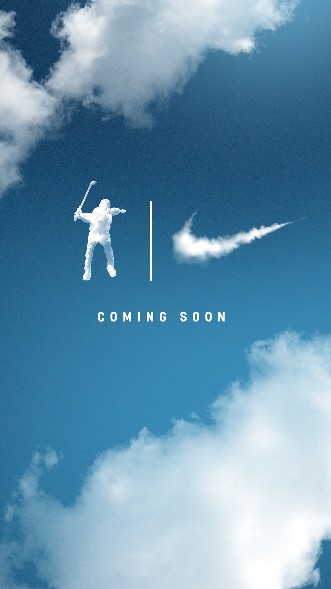 Eastside Golf swingman and Nike swoosh formed from clouds in a Coming Soon story graphic