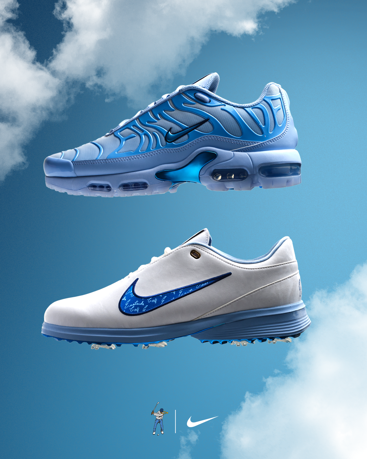 Two sneaker silhouettes presented against the same blue sky