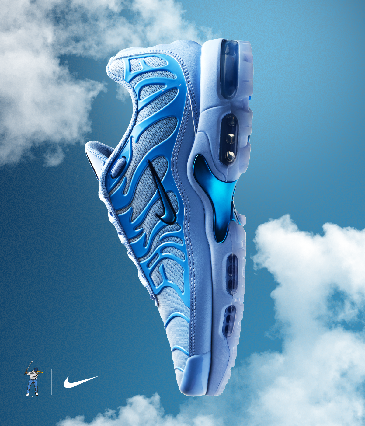 Vertical blue sneaker composition with clouds