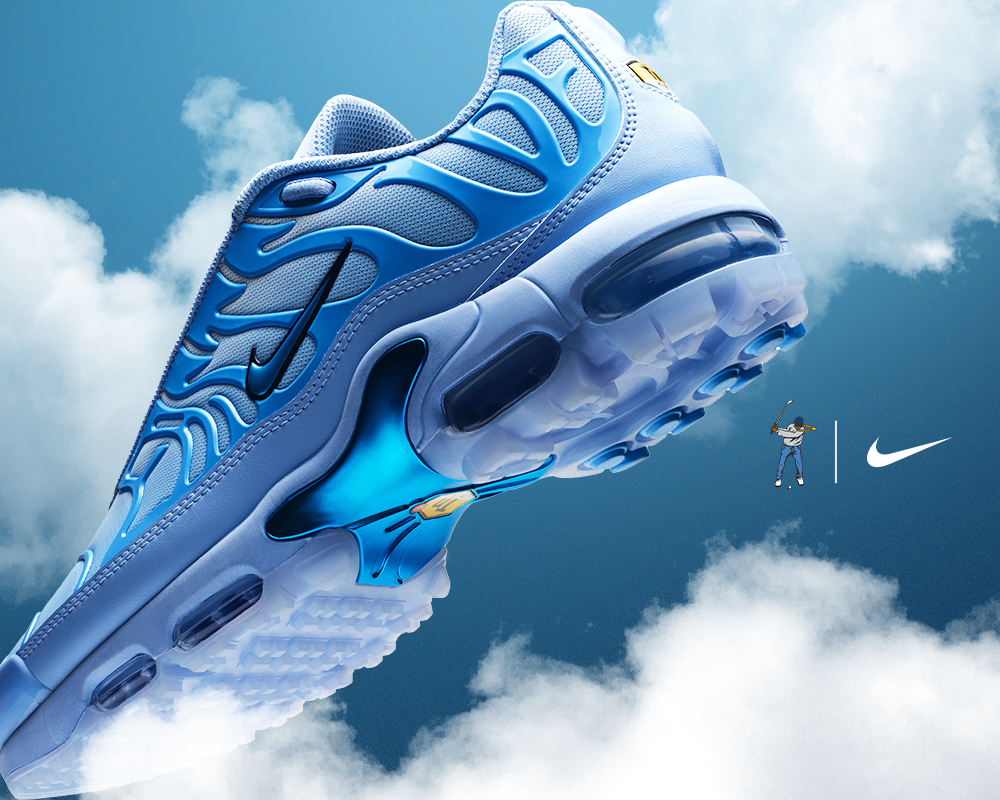 Blue Nike sneaker suspended in clouds for the Eastside Golf Take Flight campaign