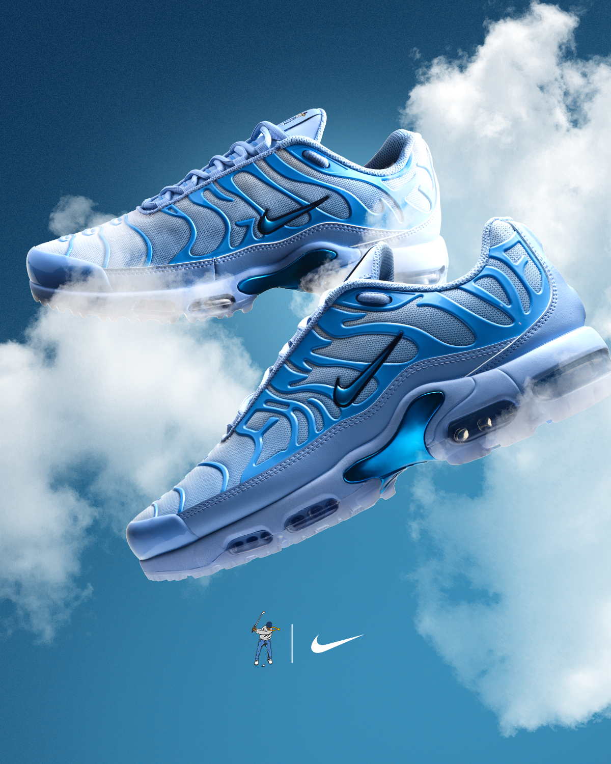 Two blue sneakers floating through a cloud composition