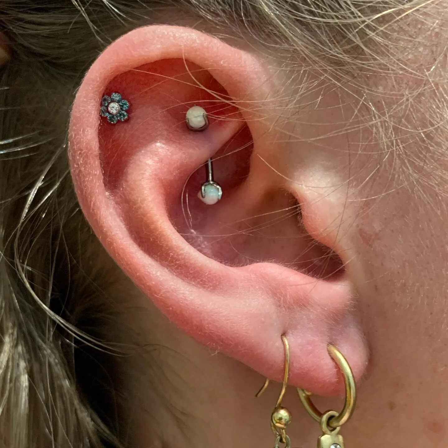 Freshly pierced rook and a new piece of jewelry installed in a cartilage! Both of them are our implant grade titanium pieces.😊 If you&rsquo;re looking for a new quality piece that will last you years stop by and check out our selection! 🤩 
Ps.. thi